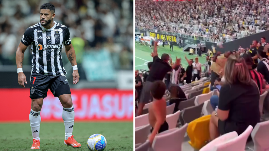 Torcedor do Galo domina bola na arquibancada após chute de