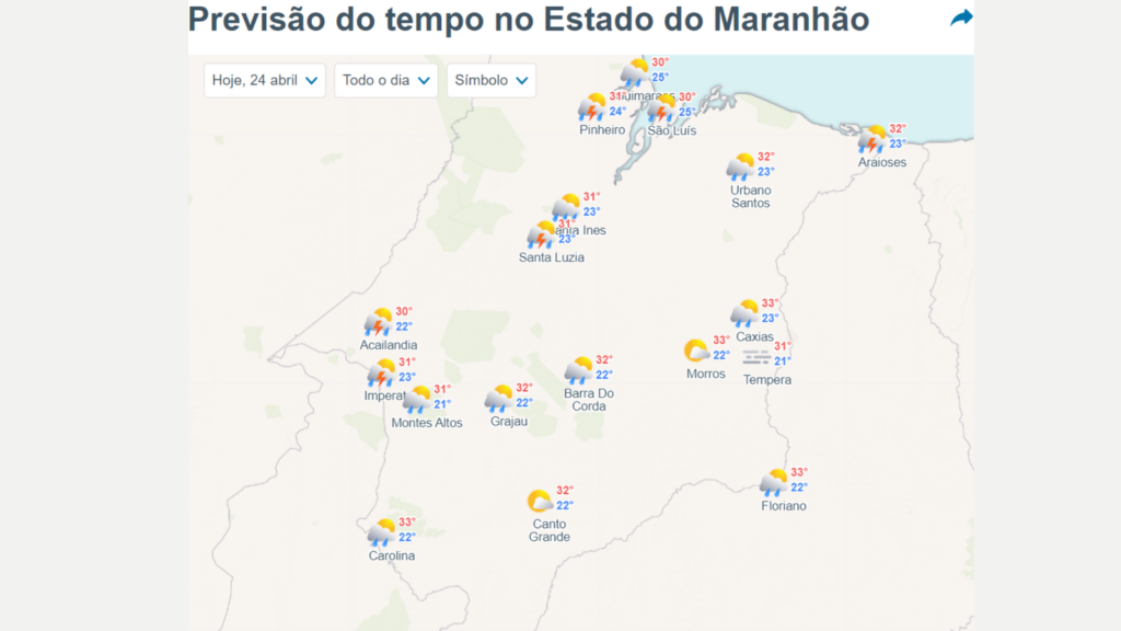 quarta-feira (24) com fortes chuvas no Maranhão