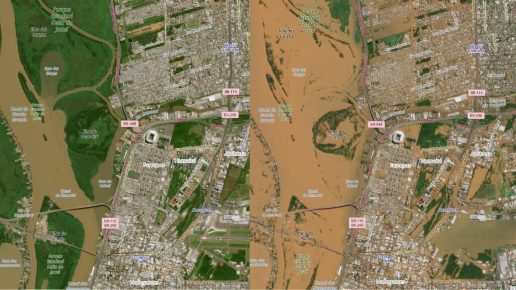 Estádios alagados, aeroporto e cidades somem do mapa: satélite mostra