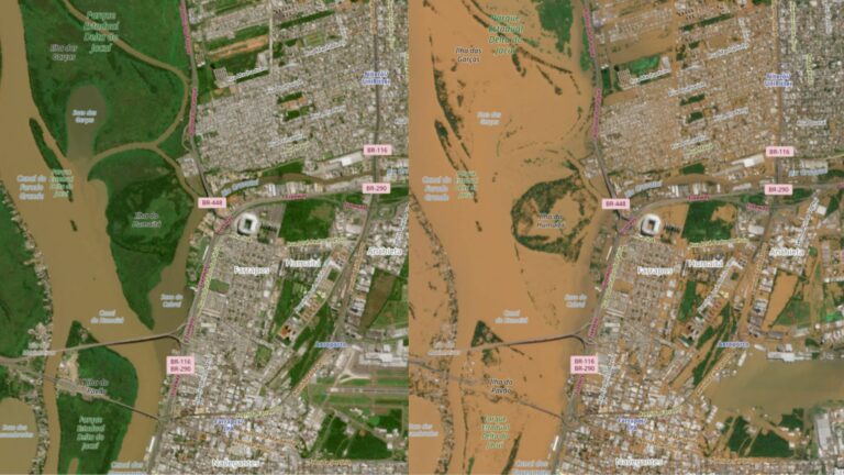 Estádios alagados, aeroporto e cidades somem do mapa: satélite mostra