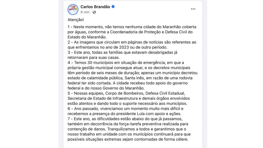 Governador Brandão afirma que nenhuma cidade do MA está coberta