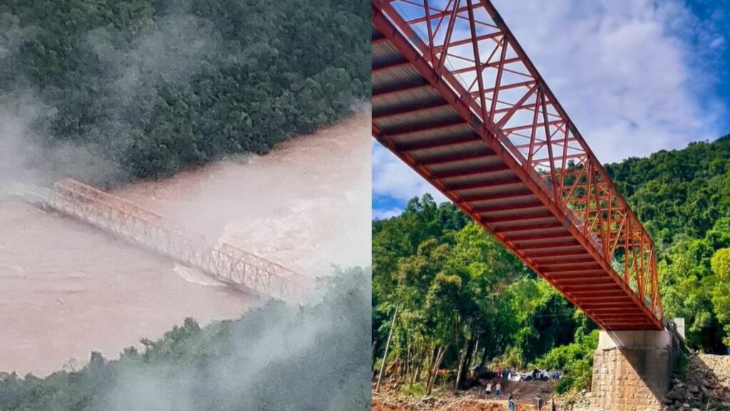 Vídeo: ponte reconstruída por moradores resiste às fortes chuvas que