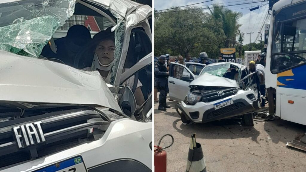 Motorista fica presa às ferragens em colisão com ônibus na