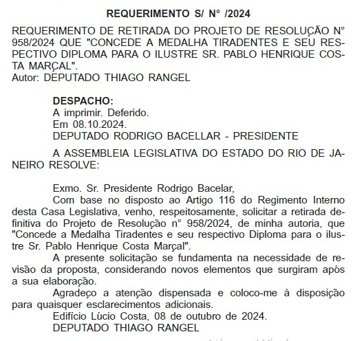 Deputado desiste de homenagear Pablo Marçal na Alerj com a