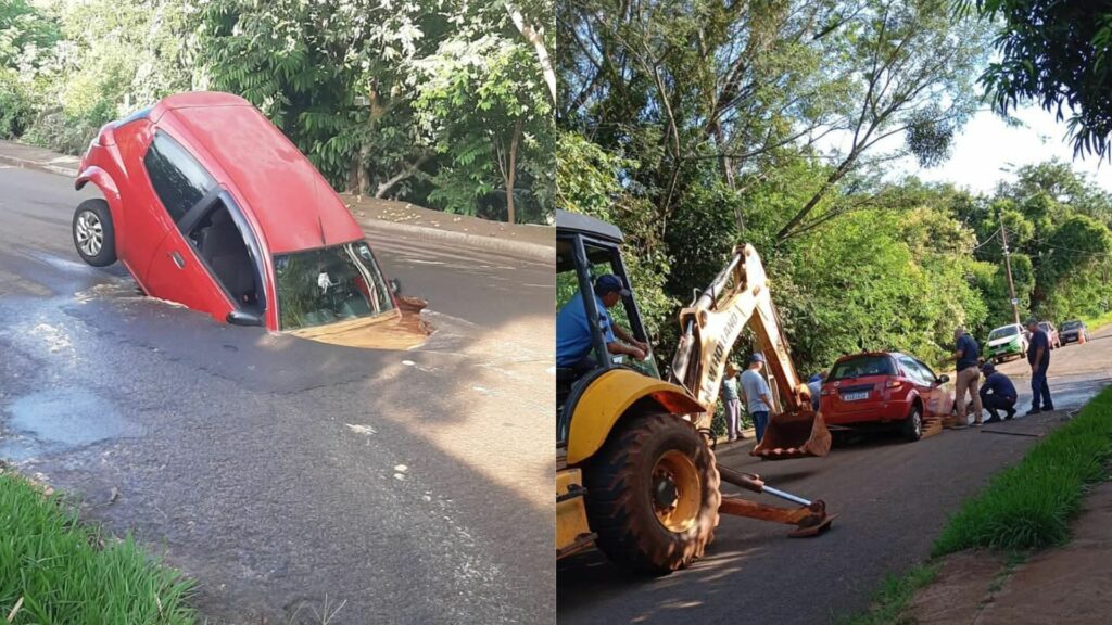 Asfalto cede e carro com pai e filho afunda em