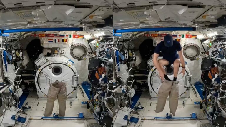 Astronauta mostra como vestir calças pode ser divertido no espaço