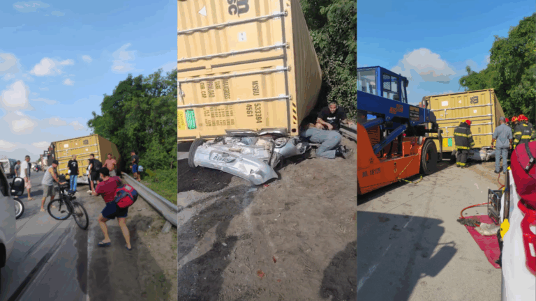 Caminhão contêiner tomba sobre carro e mata 3 pessoas no