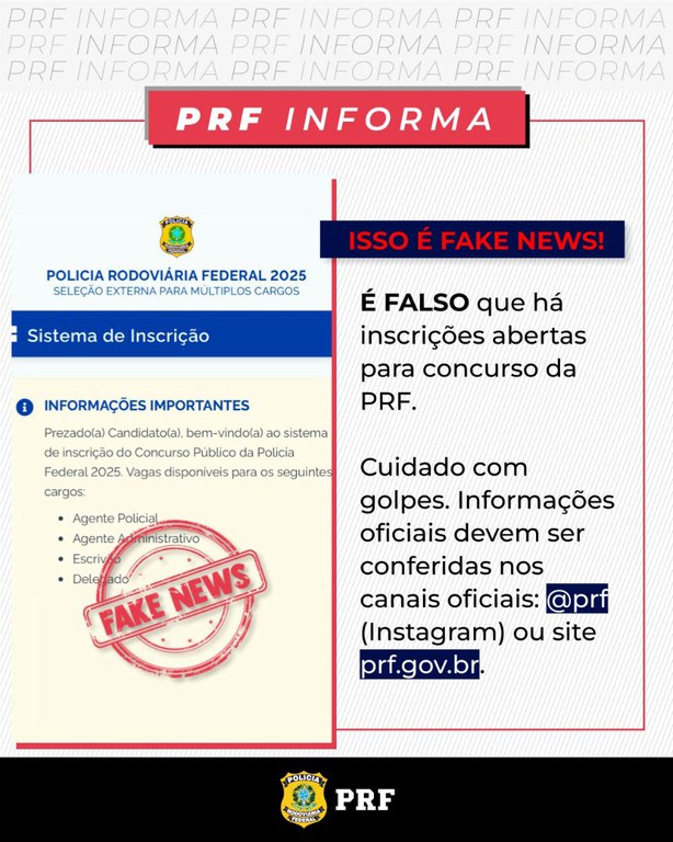 PRF emite alerta e desmente fake news envolvendo falso concurso