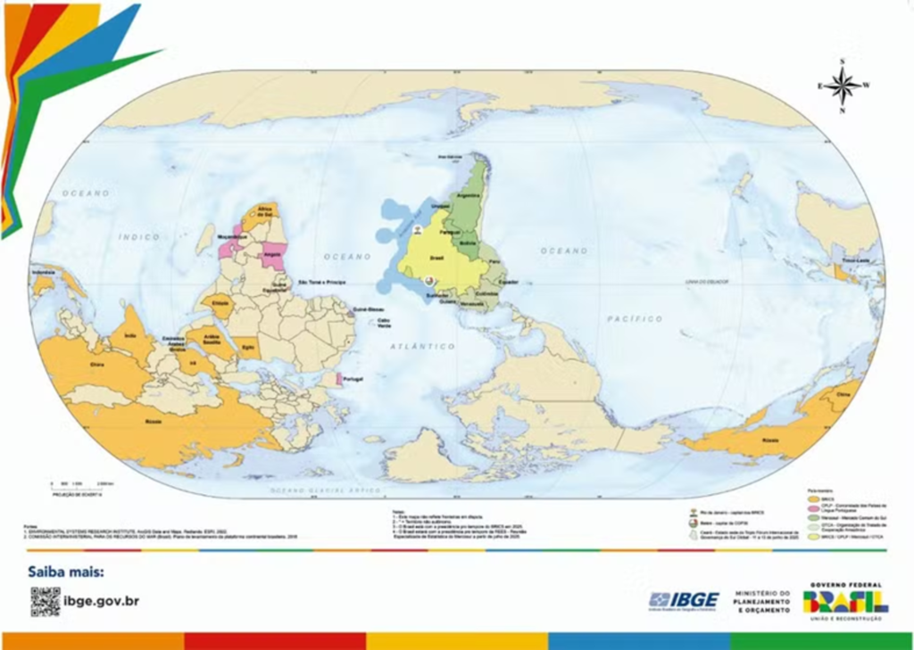 Brasil aparece no centro de novo mapa-múndi do IBGE