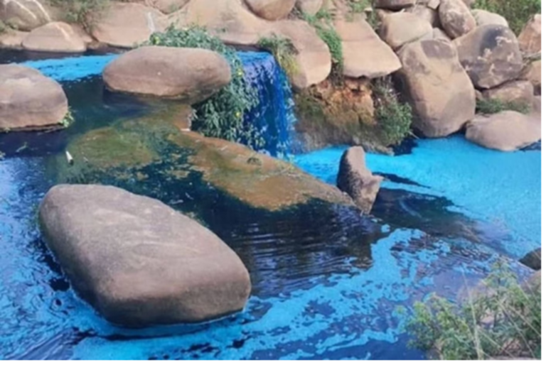 Tudo azul: vazamento de corante atinge água de córrego em