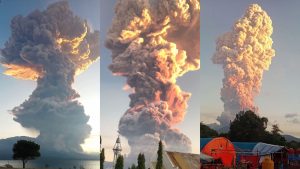 Erupção de vulcão cria nuvem colorida gigante na Indonésia