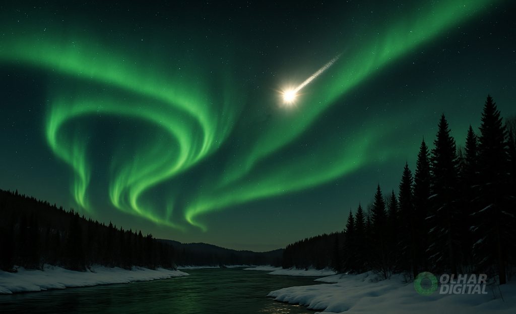Meteoro bola de fogo cruza o céu colorido pela aurora