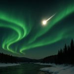 Meteoro bola de fogo cruza o céu colorido pela aurora