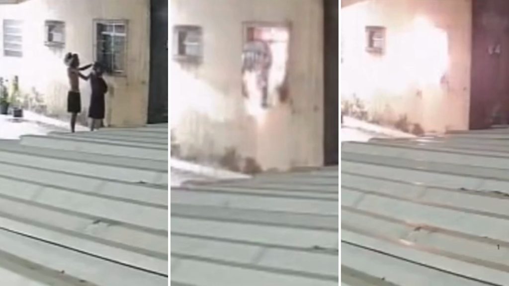 Imagens mostram criminosos ateando fogo em apartamento de PM