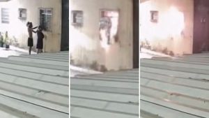 Imagens mostram criminosos ateando fogo em apartamento de PM