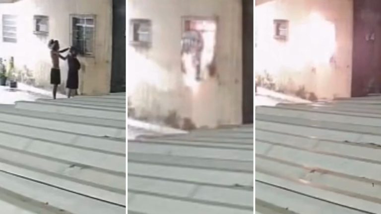 Imagens mostram criminosos ateando fogo em apartamento de PM