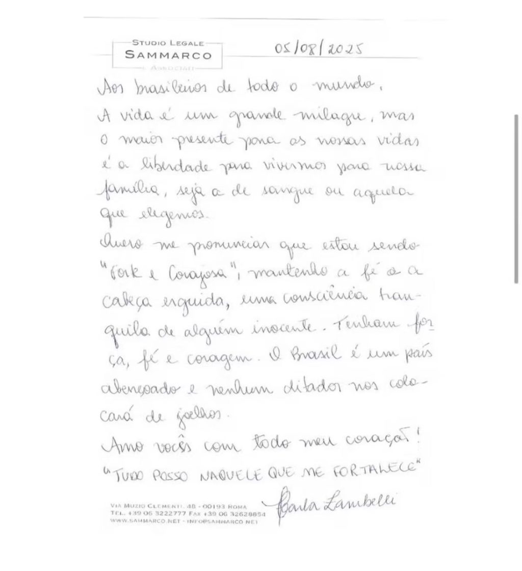 Zambelli desafia Moraes em carta escrita da prisão na Itália;