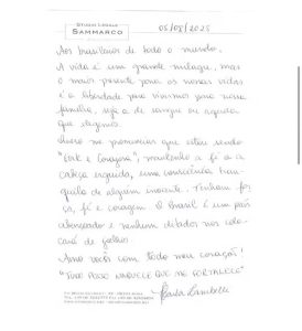 Zambelli desafia Moraes em carta escrita da prisão na Itália;