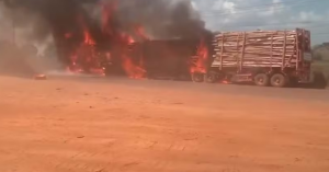 Carreta com carga de eucalipto incendeia na Estrada do Arroz,