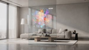 Quando desligada, parece vidro e ligada, exibe imagens que flutuam